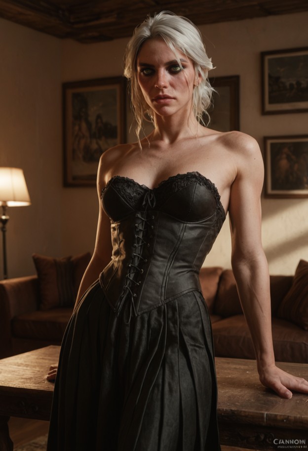 she is is leaning her back against the viewer,black lace corset top,dark flowing skirt,living room,coffee table,empty…