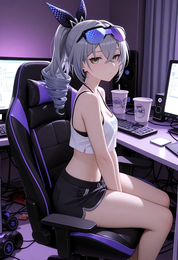 silver wolf sitting in her gaming chair looking at viewer,white cotton crop top,black fabric shorts,messy bedroom,gam…