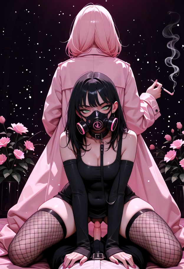 a woman in a bright pink oversized coat,black dress,and fishnet stockings stands with a smug expression,holding a cig…