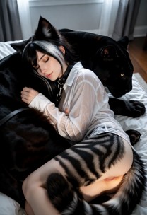 Mimi is curled up against a massive black panther. She drifts into sleep with a soft, contented expression and relaxe…