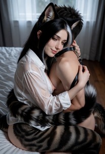 Mimi is curled against a man in bed. She nuzzles her face into his neck with a soft smile while her tail wraps around…