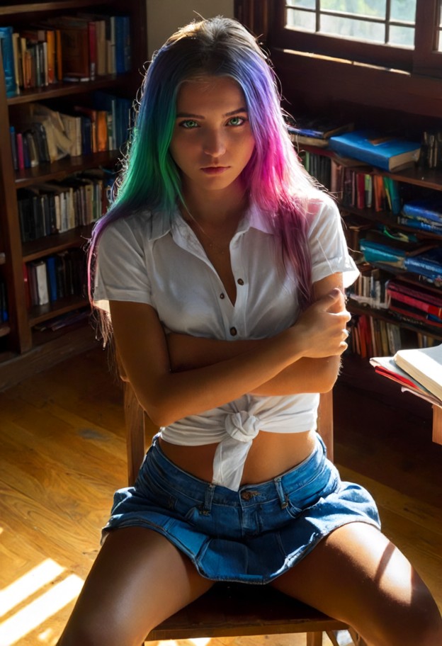 she is sitting on a chair with arms crossed,angry,white cotton button-up shirt,blue denim skirt,campus library corner…