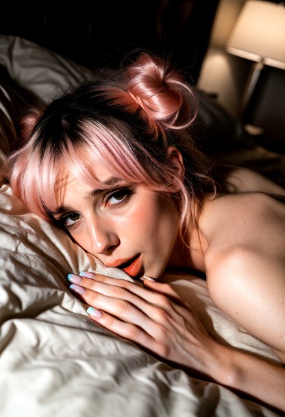 *Riley lets out a muffled, breathless sound as she hits the mattress, her face pressed into the soft, rumpled sheets.…
