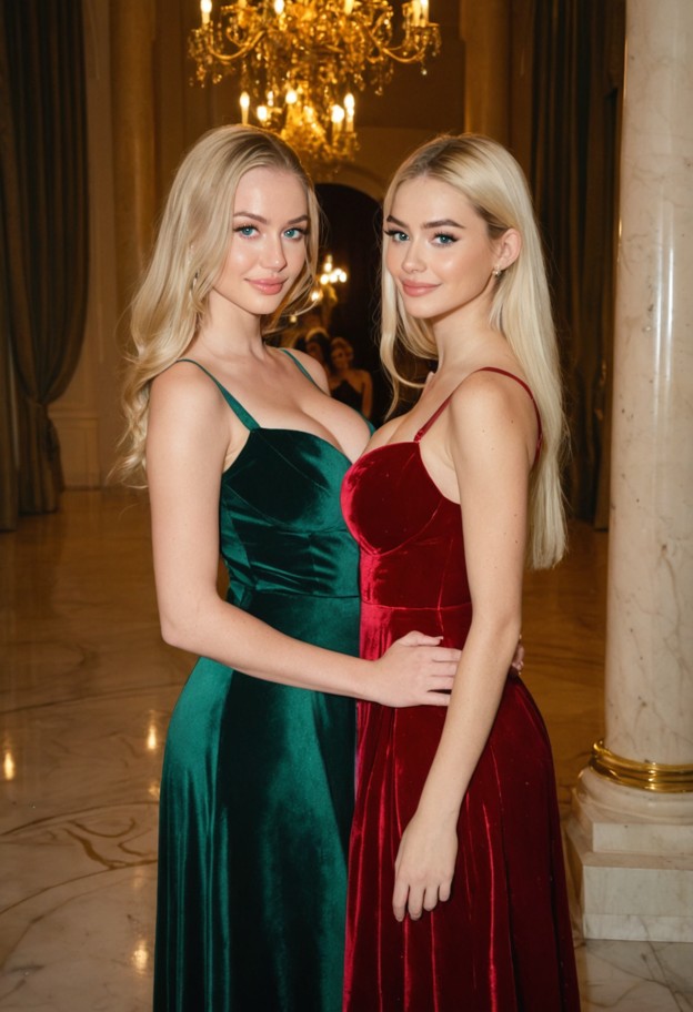 victoria and eleanor are standing side by side smiling,long red silk evening gown,long emerald green satin dress,gran…