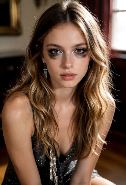 Woman wears a party outfit with a glitter dress, heels, accessories, sparkly makeup, and glossy lips., Use a film-sty…
