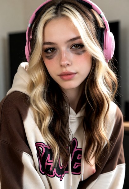 Woman has an e-girl style with dyed hair, an oversized hoodie, playful accessories, a blush glow, freckles, headphone…