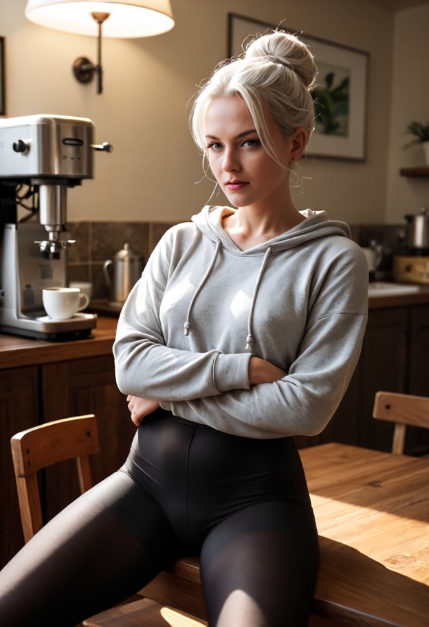 she is sitting in a chair with arms crossed,angry,oversized grey cotton hoodie,black spandex leggings,quiet campus ca…