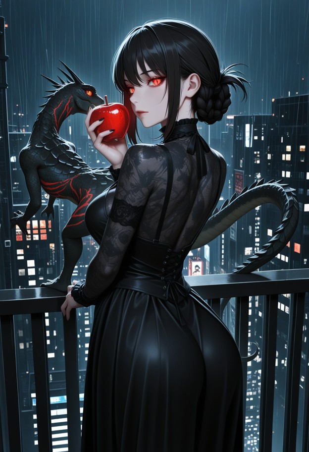 a beautiful woman in a black gothic lolita dress,standing on a rainy balcony in tokyo at night. her eyes are glowing …