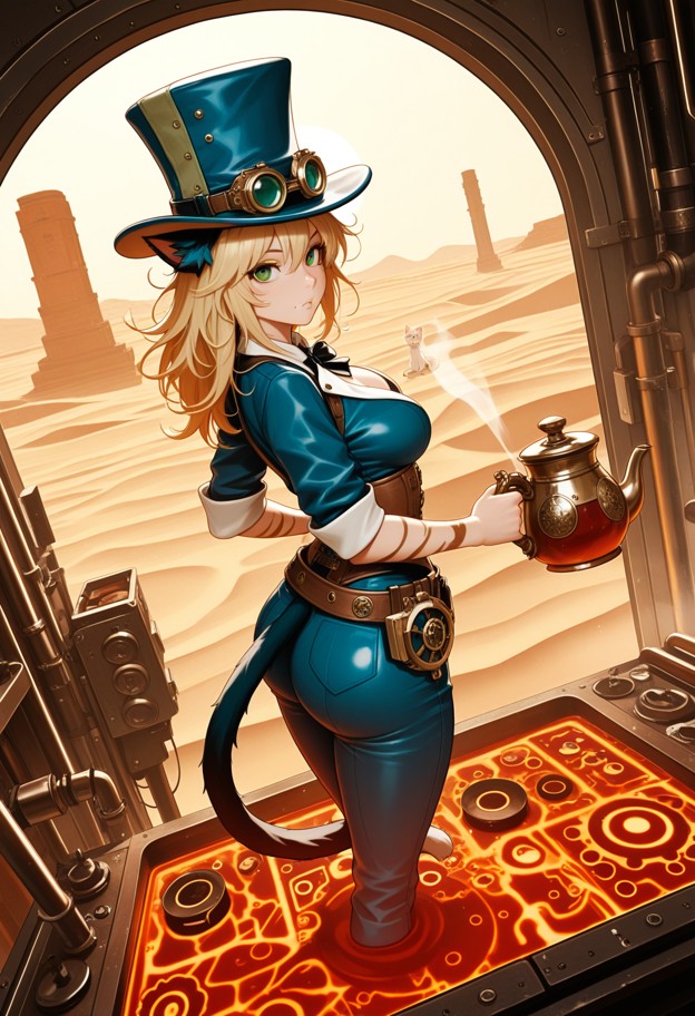 (vertical
 composition:1.3),steampunk aesthetic,(vast red mars-like desert:1.2),long industrial conveyor belt table s…