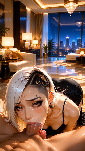 Location: opulent luxury hotel suite at night with warm amber lighting from designer lamps and the cool, blue glow of…