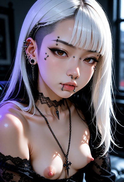 **Face and body description** Young woman with fair skin, straight white hair with bangs. She has multiple facial pie…
