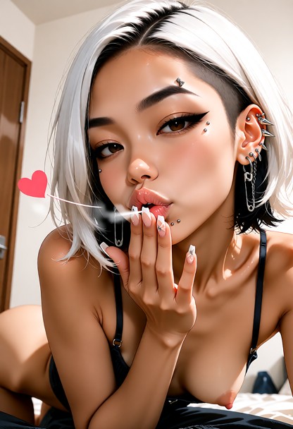 **Face and body description** Young East asia woman with light tan skin, bobcut white hair, dark eyes, thick eyliner,…