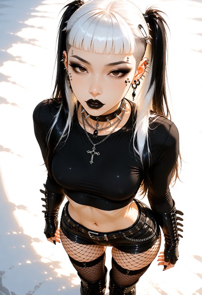 she is standing and looking at viewer, ,black shirt, crop top, black shorts, short shorts, black belt, fishnet pantyh…