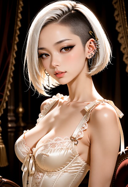 (photorealistic portrait:1.3), a stunning young woman with a sleek blonde bob-cut hairstyle, (fair porcelain skin:1.2…
