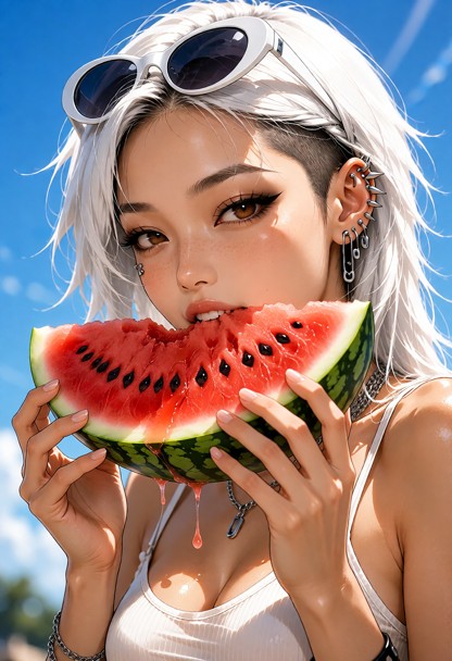 (photorealistic, cinematic portrait:1.3), a stunning young woman with a messy white hair, wearing stylish white oval …