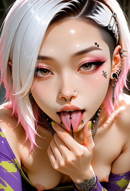 **Frame cut** Vertical close-up portrait. The crop runs from the top of her pink hair to her upper chest. Her face fi…
