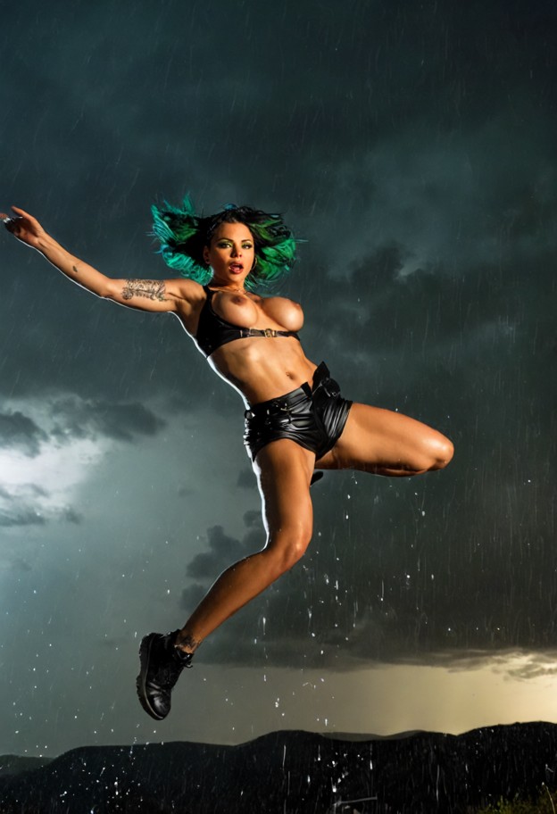 mika jumping from a helicopter in the sky,solo,storm,rain,night,sky,wide shot,dramatic lighting
