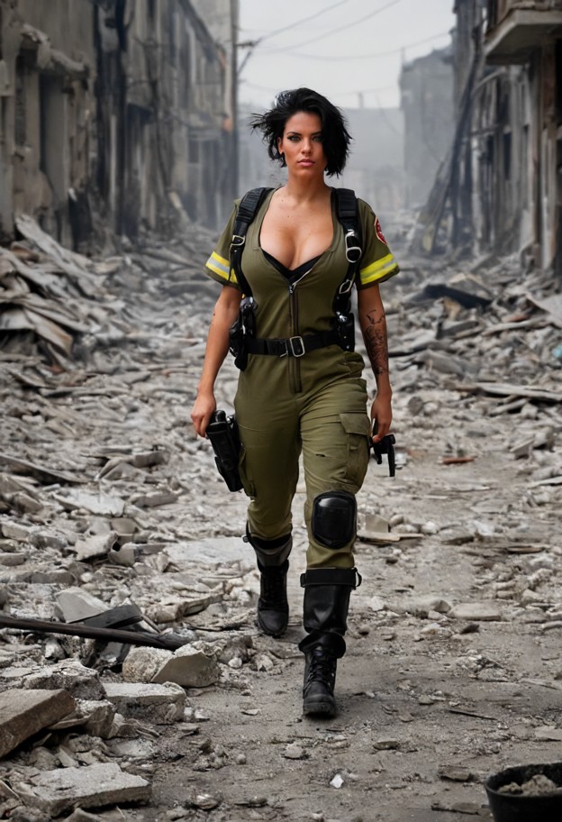 she is is walking forward holding a pistol,oversized tan firefighter jumpsuit,leather holster belt,black leather comb…