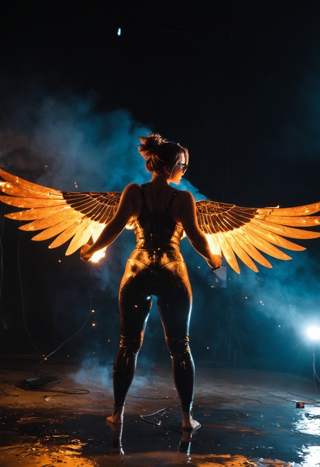 subject & composition: extreme vertical shot focusing on a female performer with a massive industrial wing-rig. the w…