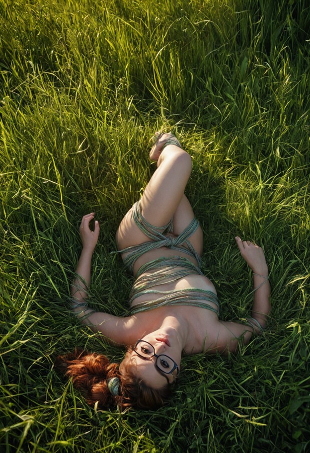 a high-angle bird's eye view of a woman lying in a lush meadow,her wrists and ankles clearly bound with thick,shimmer…