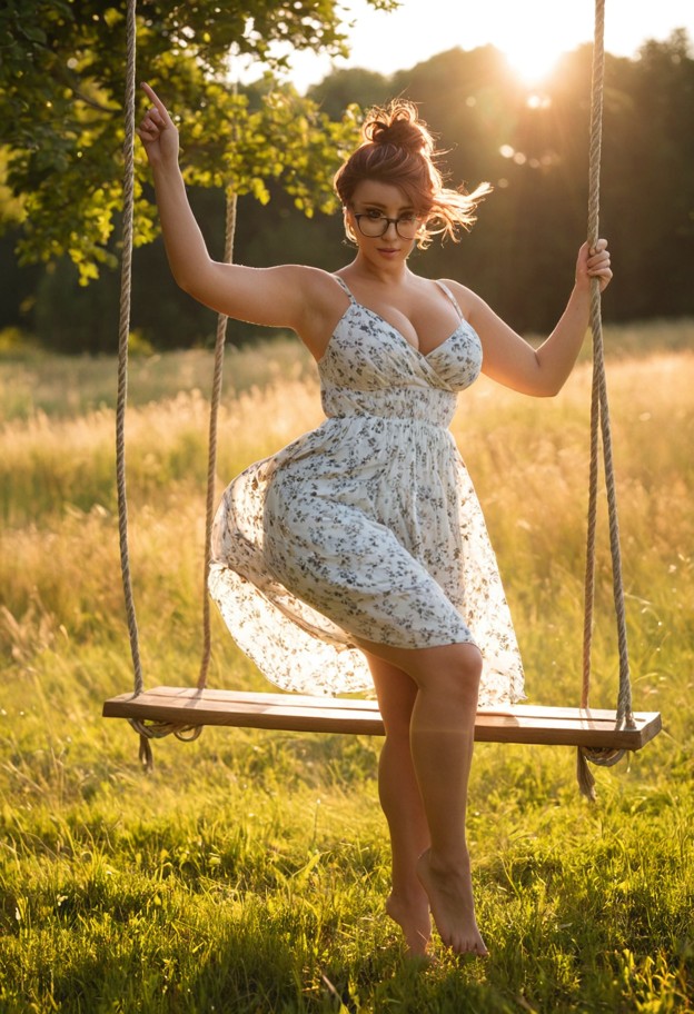 a high-quality,vertical portrait of a young woman swinging high on a wooden swing suspended from a large oak tree. sh…