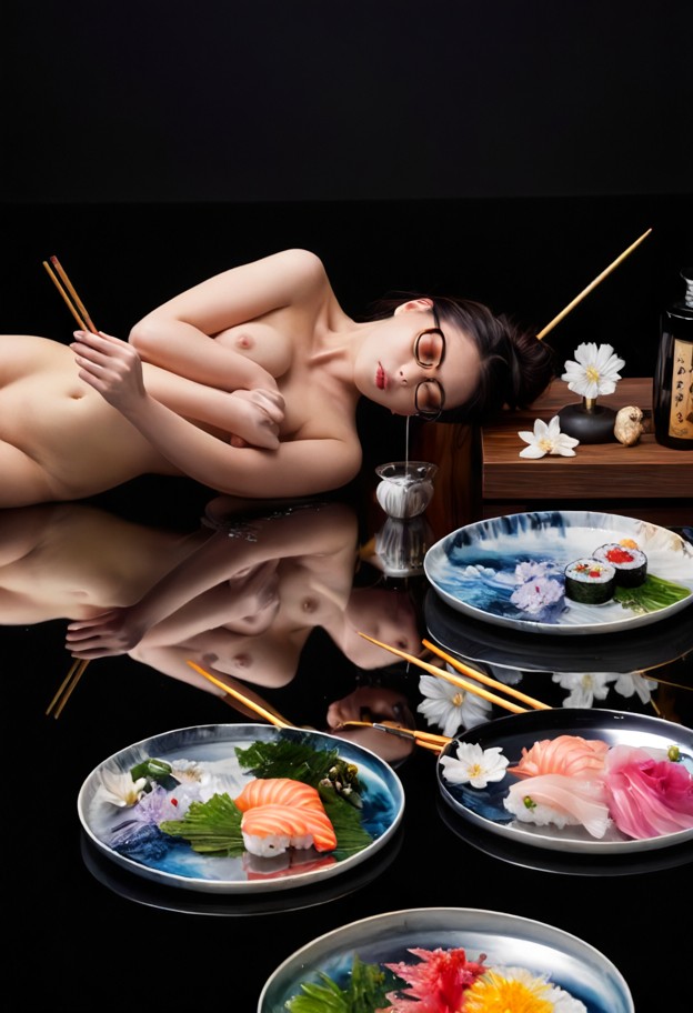 1girl,solo,graceful pose,lying flat on her back on a large dark oak banquet table,((her body artfully adorned with a …