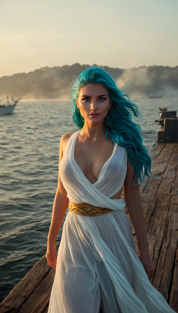 goddess of the sea walking onto a wooden dock at dawn,draped teal and white robes trailing water,trident resting agai…