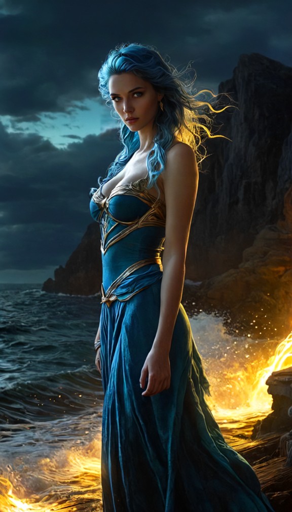 poseidon standing before a mortal man on a torchlit dock,her trident planted firmly in the wood,robes rippling like w…
