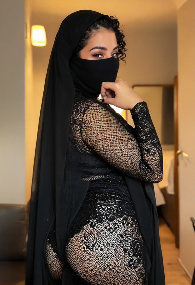 fatima is looking back over her shoulder,black lace mesh dress,black silk veil,gold earrings,indoor room,soft warm am…