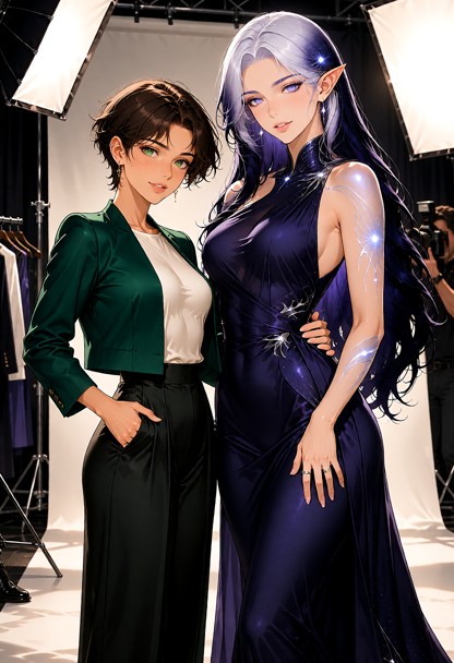 High-end anime-style fashion editorial featuring TWO distinct adult female models at the same professional Aegis City…