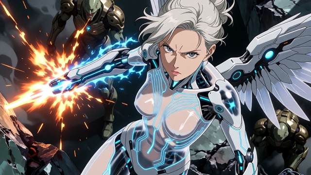 Nova is wearing a fitted white translucent combat bodysuit with glowing cyan lines tracing her spine and limbs. her e…