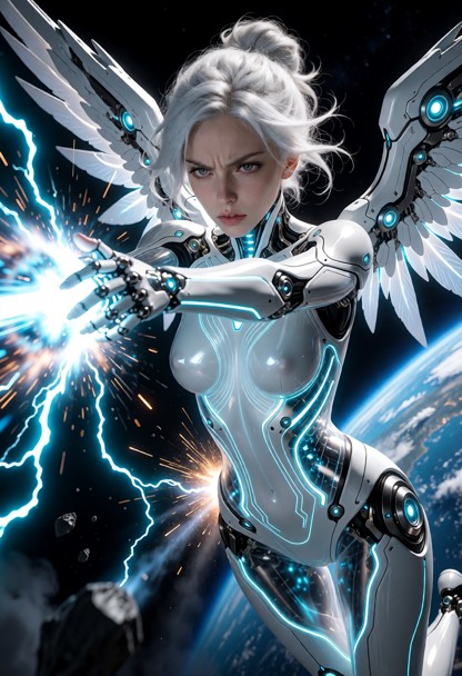 Epic wide shot, high-octane action. flying in space in horizontal postition, both arms thrust forward as she launches…
