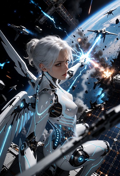 A cinematic science-fiction battle frame in low orbit above Earth. Nova is in the middle of an ongoing space combat s…