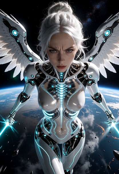 Epic wide shot, high-octane action. She is in outer space, with Earth behind her. She is in a celestial, divine pose,…