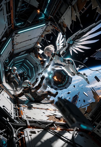 A cinematic science-fiction disaster scene in low Earth orbit. A large section of an advanced orbital station has jus…