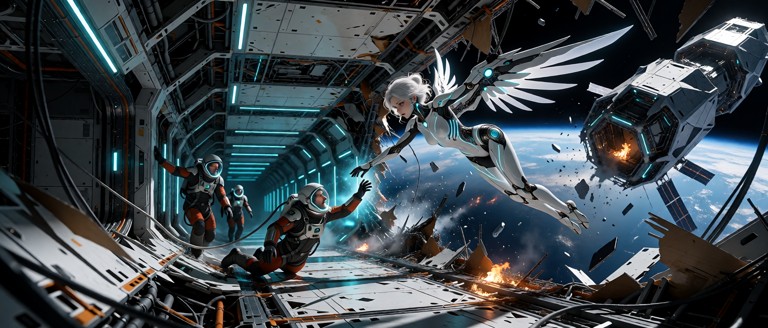 A cinematic science-fiction disaster scene in low Earth orbit. A large section of an advanced orbital station has jus…