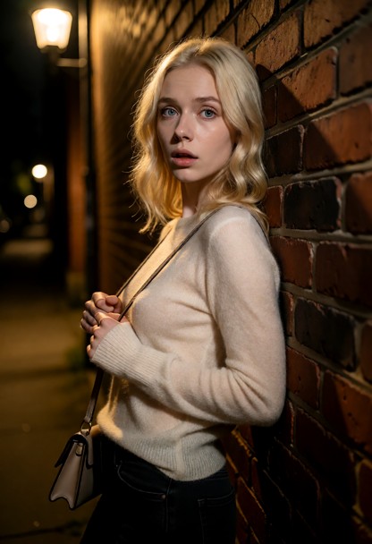 Location: a quiet city street at night, illuminated by the dim, yellowish glow of a single overhead streetlamp that c…