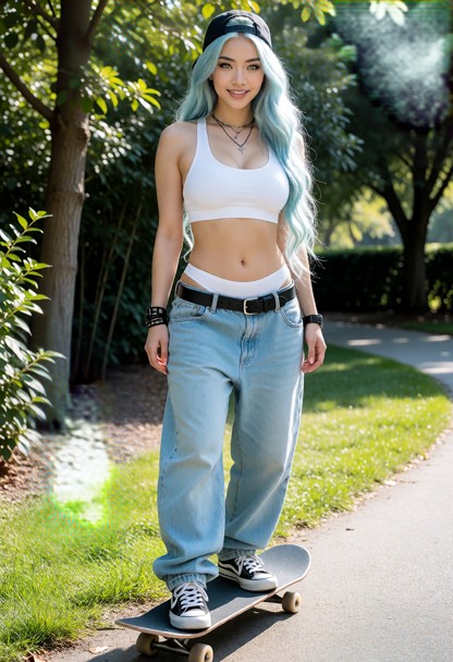 Woman wears streetwear with baggy pants, a white sports bra, breast size 1.1, sneakers, a backwards cap, urban fashio…