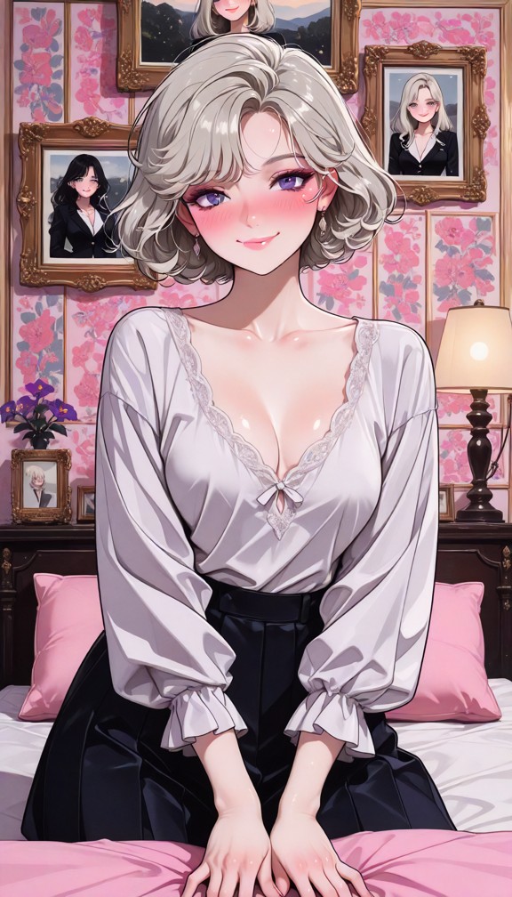 1girl,zoomed in portrait,head slightly tilted,smiling,tight white blouse with cleavage,black pleated skirt,richly dec…