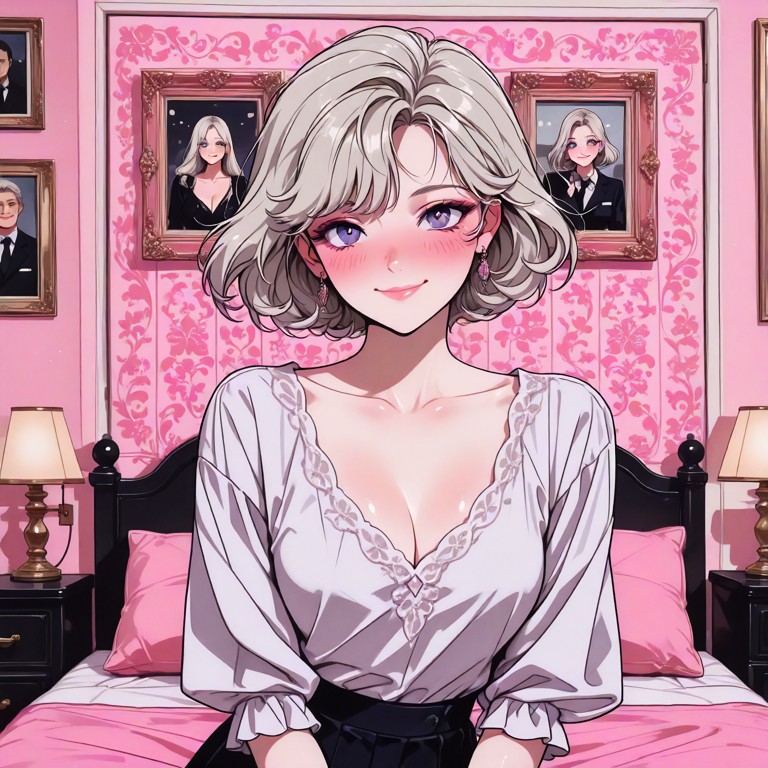 1girl,zoomed in portrait,head slightly tilted,smiling,tight white blouse with cleavage,black pleated skirt,richly dec…
