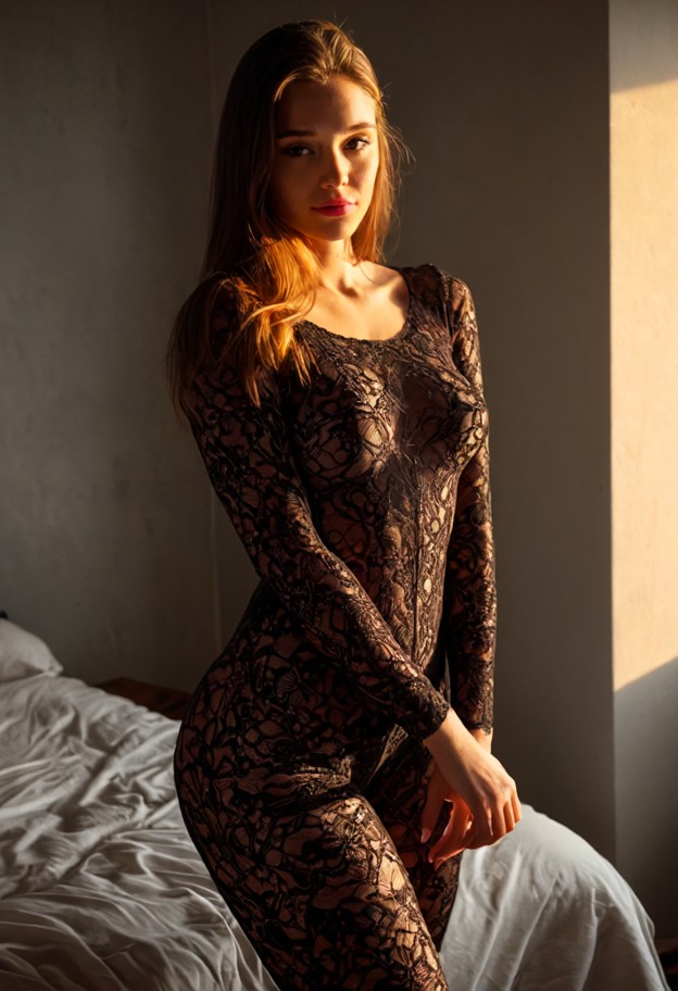 1girl standing,legs crossed,facing viewer,messy bedroom,grey walls,black lace bodystocking,morning light,warm tone,su…