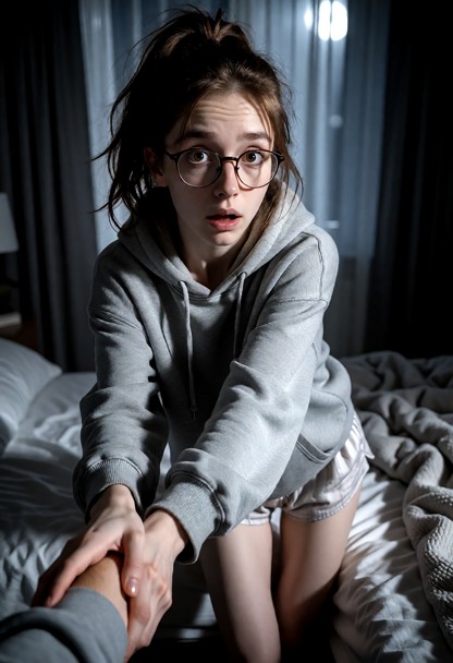 Location: dim bedroom in the late evening, with soft moonlight filtering through the curtains and shadows stretching …