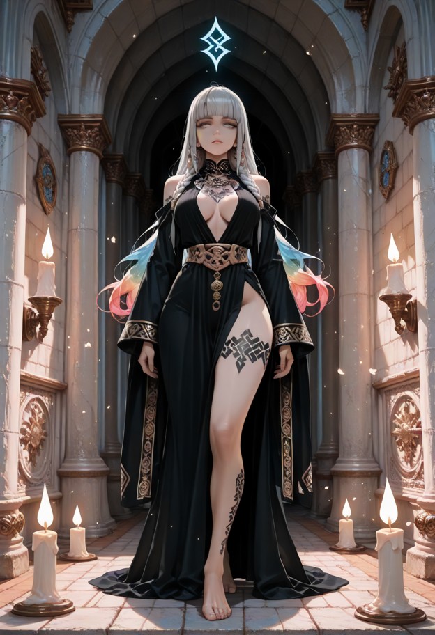 a beautiful sorceress stands in the center of a grand magical dungeon,wearing flowing dark robes with subtle magical …