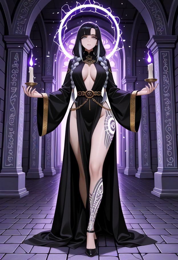 a tall sorceress stands confidently in the grand magical dungeon,her long dark robes embroidered with arcane symbols …