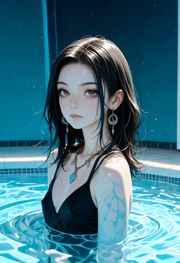 photorealistic high-fashion portrait of a glamorous woman half-submerged in a crystal-blue swimming pool,looking dire…