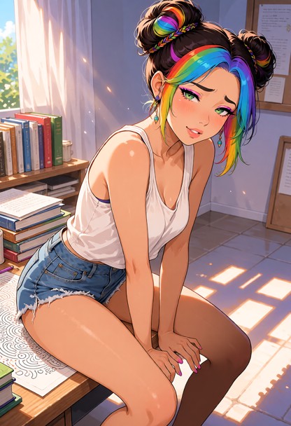 Location: bright daytime in a study filled with books and papers, with soft sunlight streaming through a nearby windo…