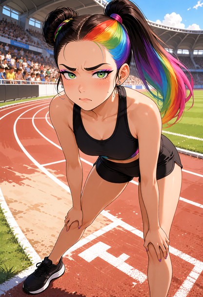 Location: bright afternoon at an outdoor athletic stadium with a sun-drenched running track, white lane markings, and…