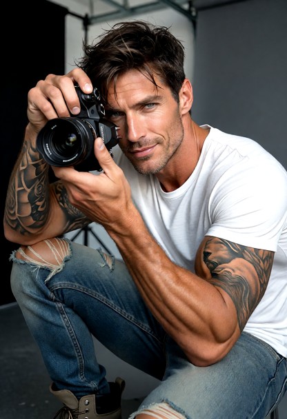 Late 30s, tall broad build, sun-tanned skin, sleeve tattoos down one arm. Messy dark-brown hair, sharp jawline, scruf…