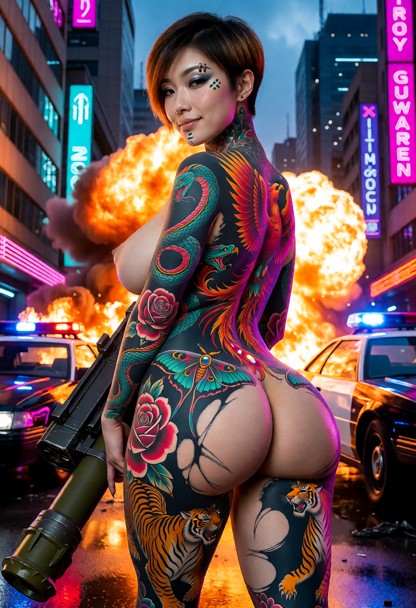 the girl is standing, dressed in damaged, torn futuristic cybernetic gear. she is holding a missile launcher. the bac…