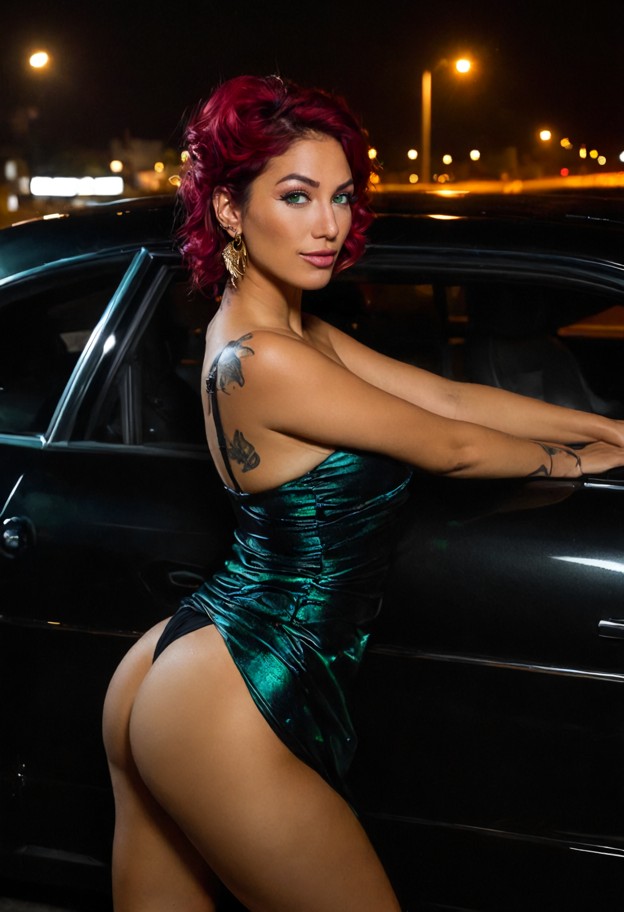 yuki is smiling while leaning against the car window,black silk slip dress,gold earrings,inside a dark car at night,l…